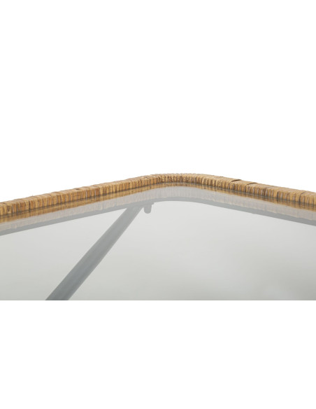 Table basse design chic bord de mer Rectangulaire Verre Transparent Rotin Naturel Tressé Métal Noir Doré Saint Barth 70 cm 