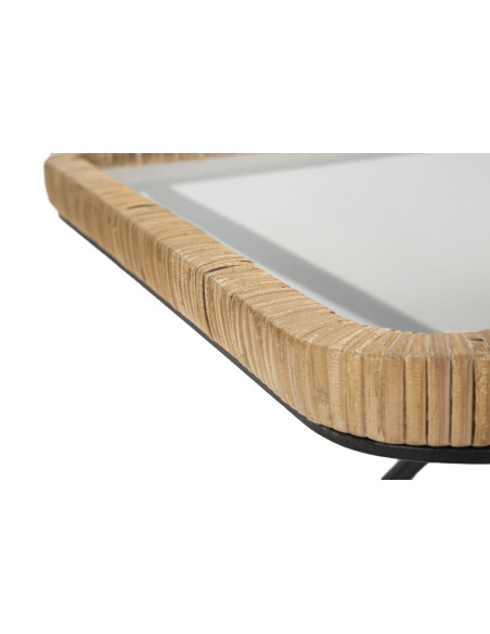 Table basse design chic bord de mer Rectangulaire Verre Transparent Rotin Naturel Tressé Métal Noir Doré Saint Barth 70 cm 