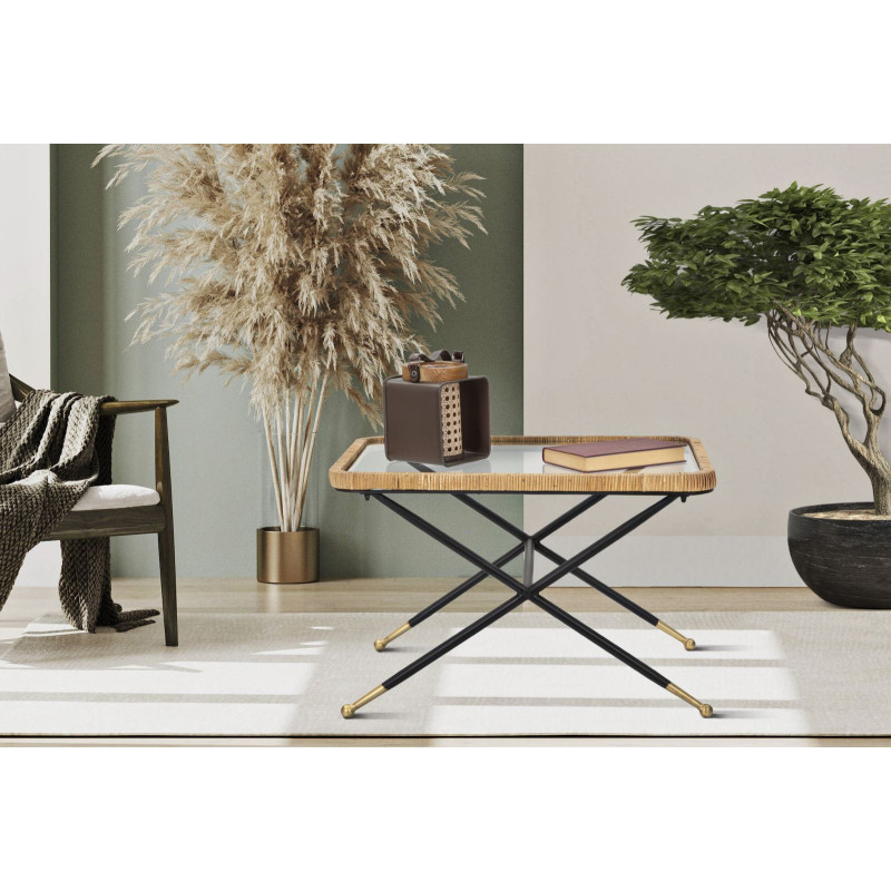 Table basse design chic bord de mer Rectangulaire Verre Transparent Rotin Naturel Tressé Métal Noir Doré Saint Barth 70 cm 
