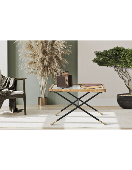 Table basse design chic bord de mer Rectangulaire Verre Transparent Rotin Naturel Tressé Métal Noir Doré Saint Barth 70 cm 