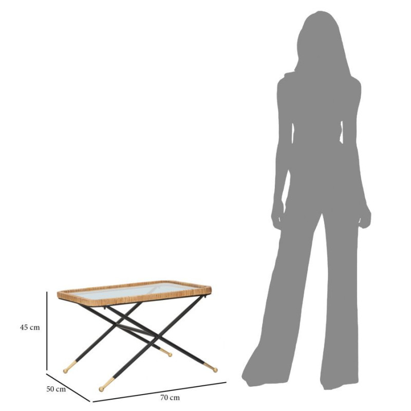 Table basse design chic bord de mer Rectangulaire Verre Transparent Rotin Naturel Tressé Métal Noir Doré Saint Barth 70 cm 
