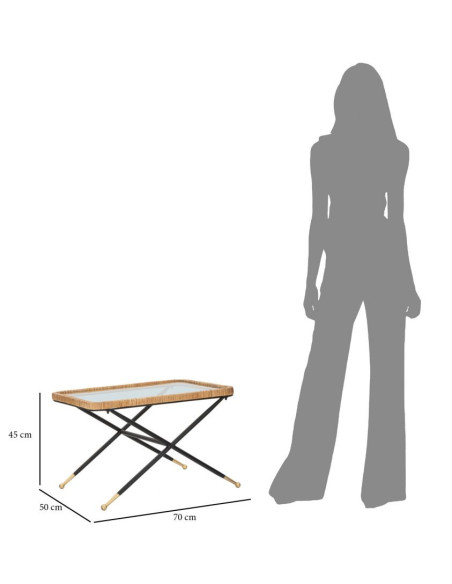 Table basse design chic bord de mer Rectangulaire Verre Transparent Rotin Naturel Tressé Métal Noir Doré Saint Barth 70 cm 