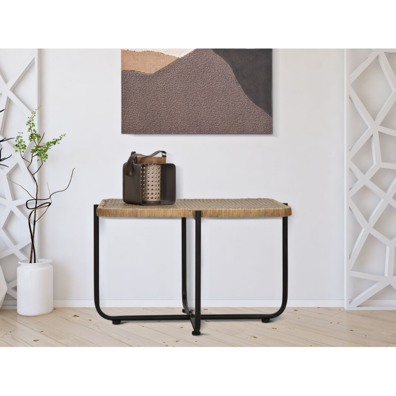 Table basse bohème chic Rectangulaire Rotin Naturel Tressé Métal Noir Cebu 75 cm 