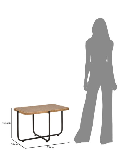 Table basse bohème chic Rectangulaire Rotin Naturel Tressé Métal Noir Cebu 75 cm 
