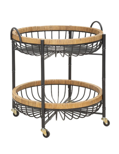 Table d'appoint design bohème sur roues Ronde 2 niveaux Rotin Naturel Tressé Métal Noir Cestino 