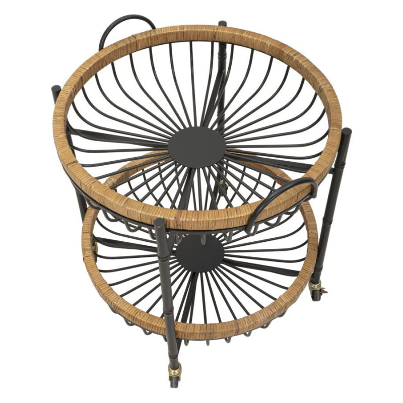 Table d'appoint design bohème sur roues Ronde 2 niveaux Rotin Naturel Tressé Métal Noir Cestino 