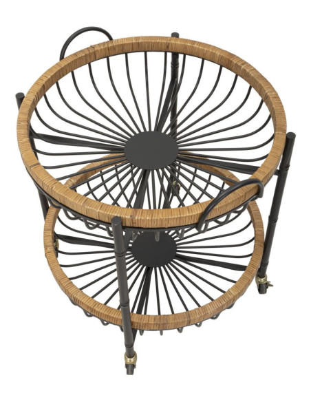 Table d'appoint design bohème sur roues Ronde 2 niveaux Rotin Naturel Tressé Métal Noir Cestino 