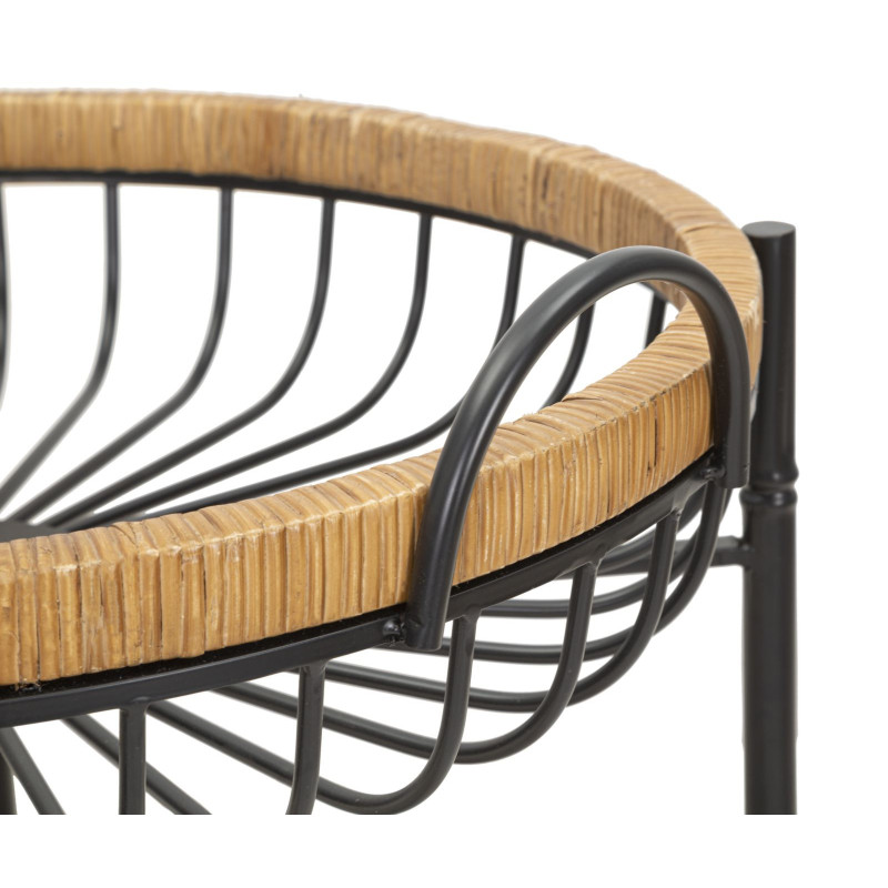 Table d'appoint design bohème sur roues Ronde 2 niveaux Rotin Naturel Tressé Métal Noir Cestino 