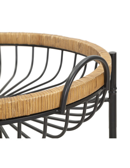 Table d'appoint design bohème sur roues Ronde 2 niveaux Rotin Naturel Tressé Métal Noir Cestino 