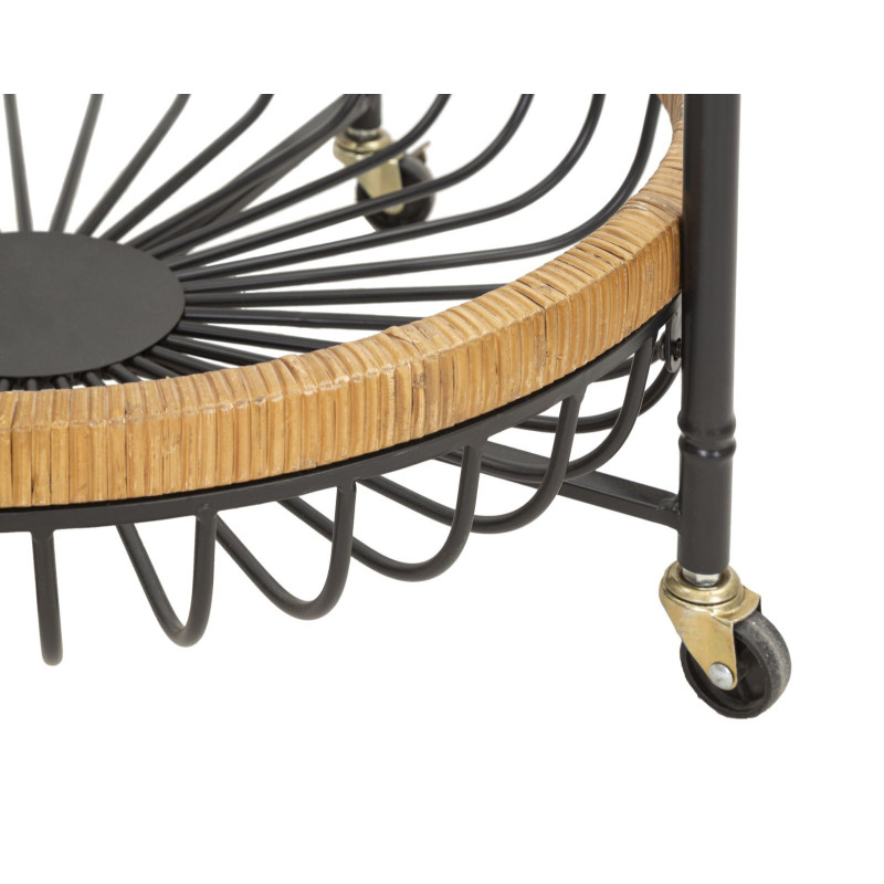 Table d'appoint design bohème sur roues Ronde 2 niveaux Rotin Naturel Tressé Métal Noir Cestino 