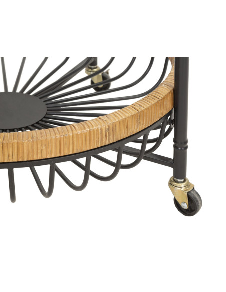 Table d'appoint design bohème sur roues Ronde 2 niveaux Rotin Naturel Tressé Métal Noir Cestino 