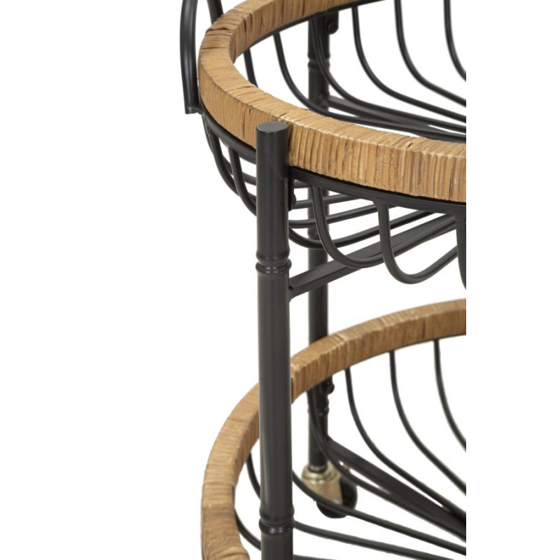Table d'appoint design bohème sur roues Ronde 2 niveaux Rotin Naturel Tressé Métal Noir Cestino 