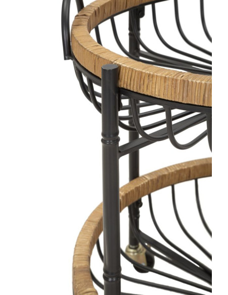 Table d'appoint design bohème sur roues Ronde 2 niveaux Rotin Naturel Tressé Métal Noir Cestino 