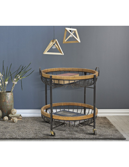 Table d'appoint design bohème sur roues Ronde 2 niveaux Rotin Naturel Tressé Métal Noir Cestino 