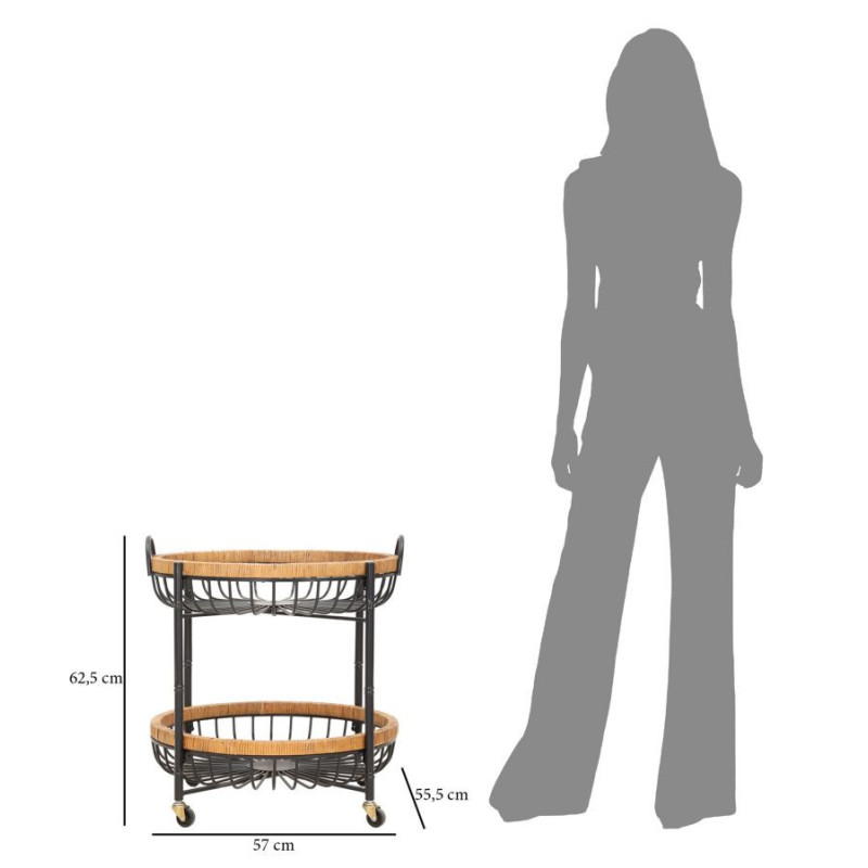 Table d'appoint design bohème sur roues Ronde 2 niveaux Rotin Naturel Tressé Métal Noir Cestino 