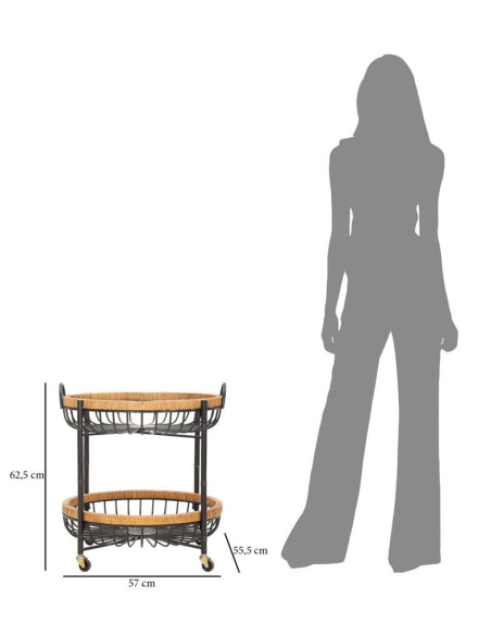 Table d'appoint design bohème sur roues Ronde 2 niveaux Rotin Naturel Tressé Métal Noir Cestino 