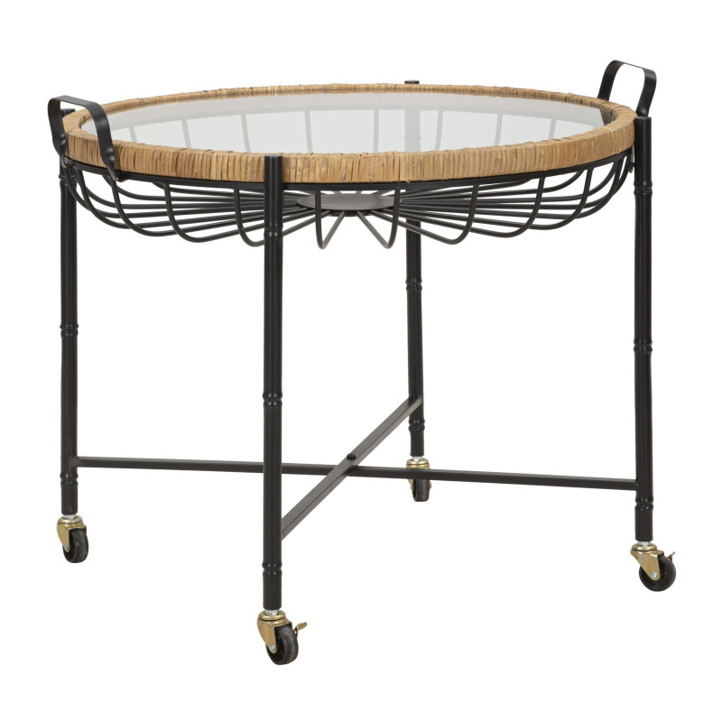 Grande Table d'appoint avec roues bohème chic Ronde Verre Transparent Rotin Naturel Tressé Métal Noir Cebu 70 cm 