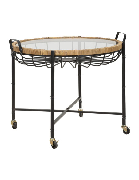 Grande Table d'appoint avec roues bohème chic Ronde Verre Transparent Rotin Naturel Tressé Métal Noir Cebu 70 cm 