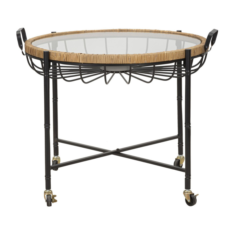 Grande Table d'appoint avec roues bohème chic Ronde Verre Transparent Rotin Naturel Tressé Métal Noir Cebu 70 cm 
