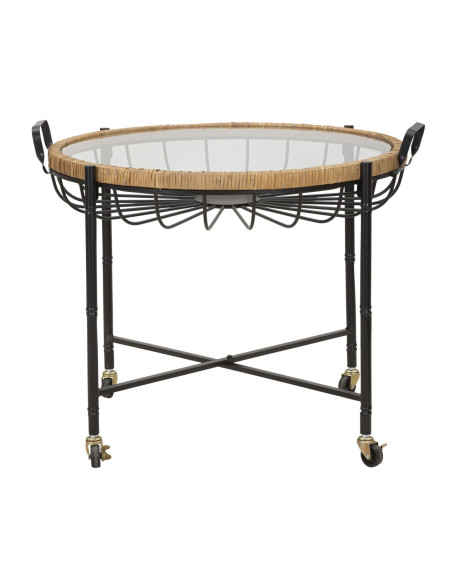 Grande Table d'appoint avec roues bohème chic Ronde Verre Transparent Rotin Naturel Tressé Métal Noir Cebu 70 cm 