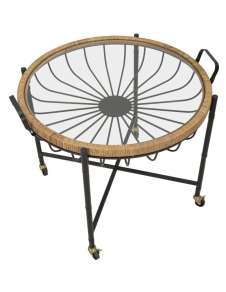 Grande Table d'appoint avec roues bohème chic Ronde Verre Transparent Rotin Naturel Tressé Métal Noir Cebu 70 cm 