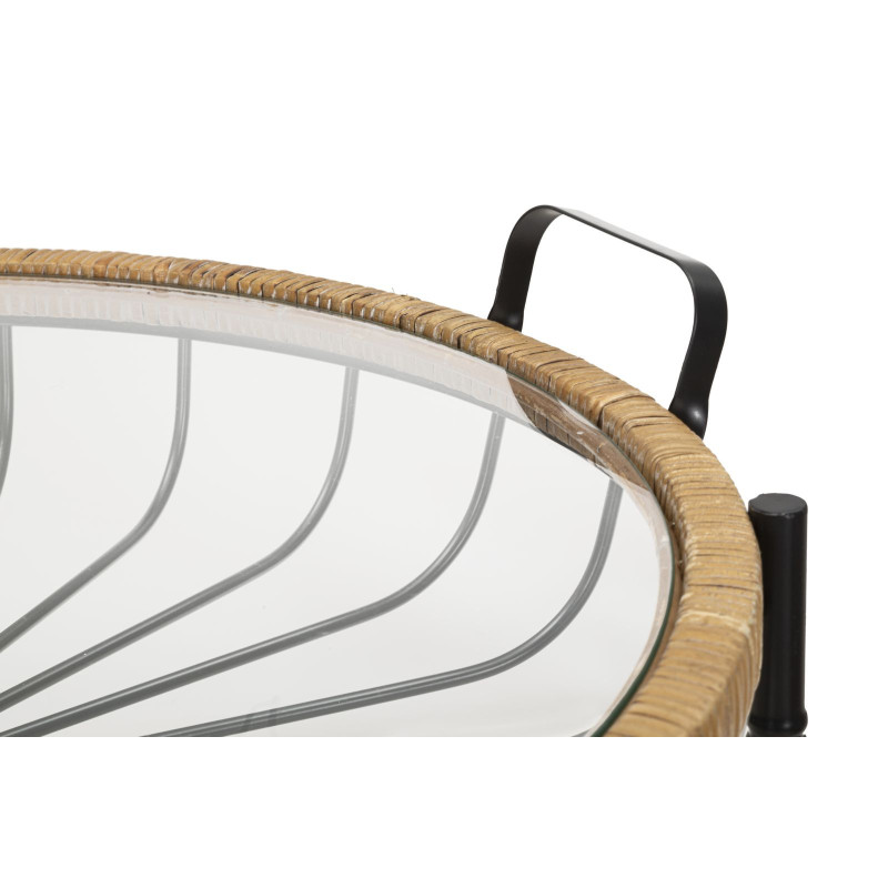 Grande Table d'appoint avec roues bohème chic Ronde Verre Transparent Rotin Naturel Tressé Métal Noir Cebu 70 cm 