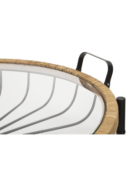Grande Table d'appoint avec roues bohème chic Ronde Verre Transparent Rotin Naturel Tressé Métal Noir Cebu 70 cm 