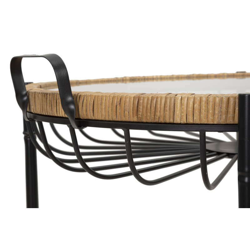 Grande Table d'appoint avec roues bohème chic Ronde Verre Transparent Rotin Naturel Tressé Métal Noir Cebu 70 cm 