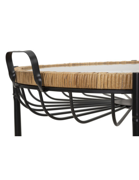 Grande Table d'appoint avec roues bohème chic Ronde Verre Transparent Rotin Naturel Tressé Métal Noir Cebu 70 cm 
