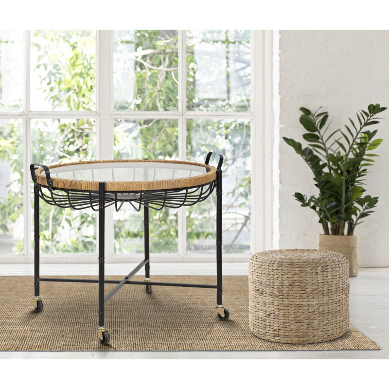 Grande Table d'appoint avec roues bohème chic Ronde Verre Transparent Rotin Naturel Tressé Métal Noir Cebu 70 cm 