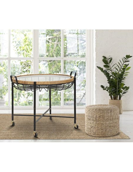 Grande Table d'appoint avec roues bohème chic Ronde Verre Transparent Rotin Naturel Tressé Métal Noir Cebu 70 cm 