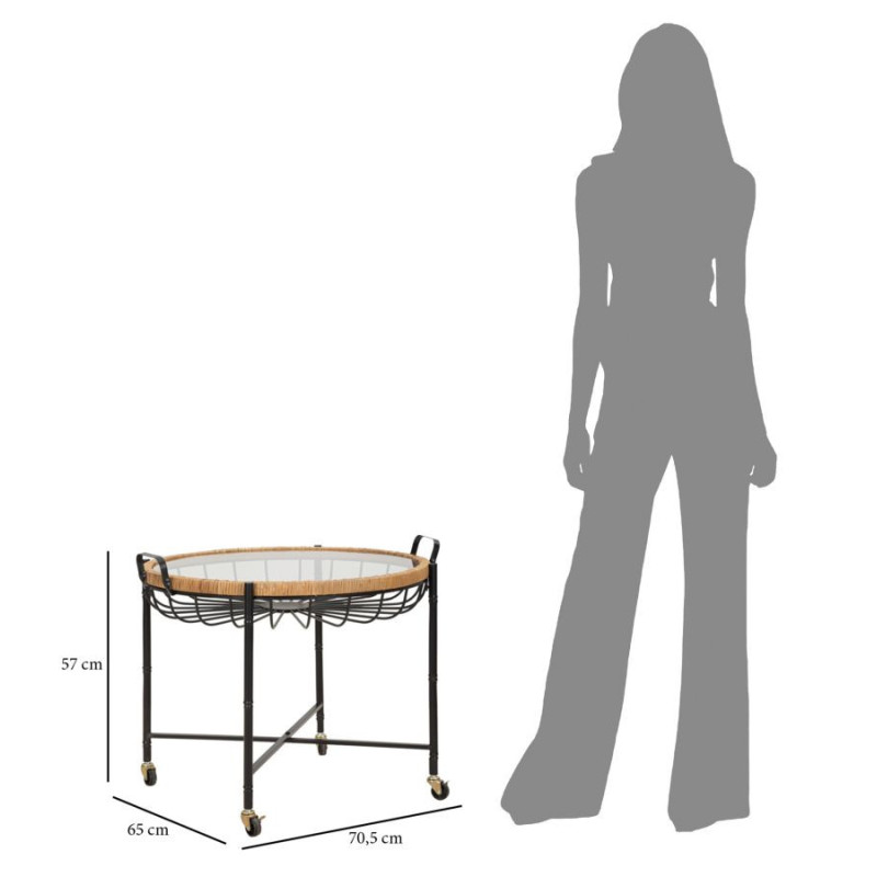 Grande Table d'appoint avec roues bohème chic Ronde Verre Transparent Rotin Naturel Tressé Métal Noir Cebu 70 cm 