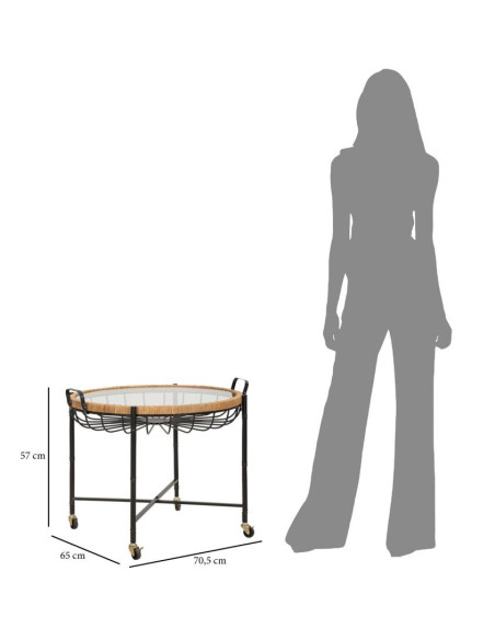 Grande Table d'appoint avec roues bohème chic Ronde Verre Transparent Rotin Naturel Tressé Métal Noir Cebu 70 cm 