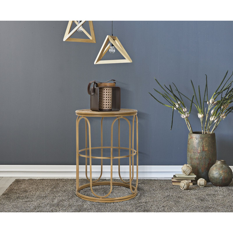 Table d'appoint design rétro chic Ronde Rotin Naturel Tressé Métal Samui 40 cm 