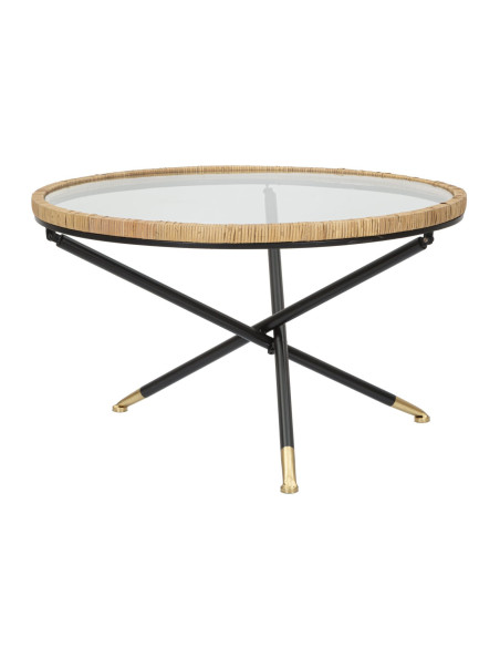Table basse design chic bord de mer Ronde Verre Transparent Rotin Naturel Tressé Métal Noir Doré Saint Barth 80 cm 