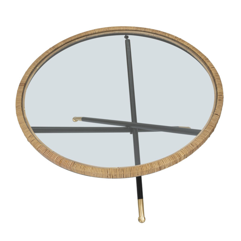 Table basse design chic bord de mer Ronde Verre Transparent Rotin Naturel Tressé Métal Noir Doré Saint Barth 80 cm 
