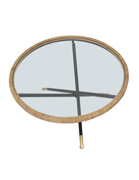 Table basse design chic bord de mer Ronde Verre Transparent Rotin Naturel Tressé Métal Noir Doré Saint Barth 80 cm 