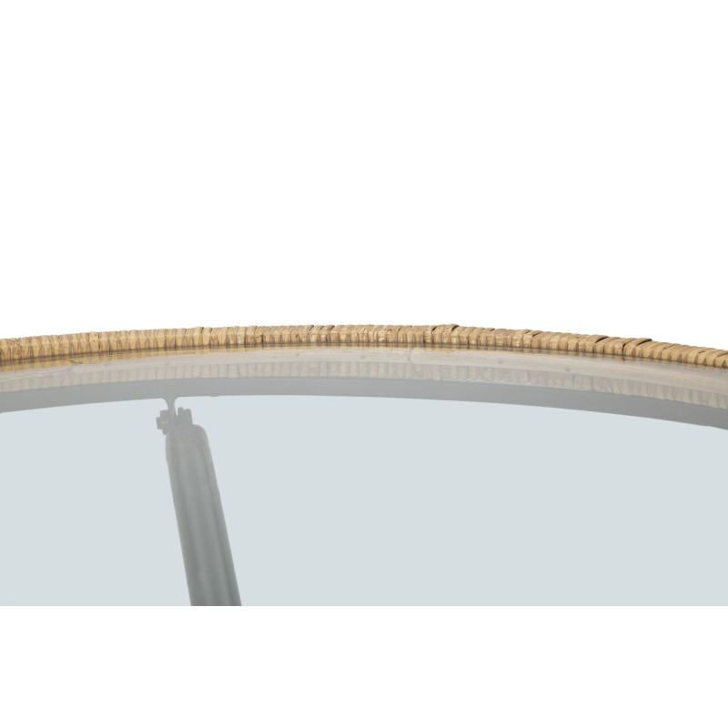 Table basse design chic bord de mer Ronde Verre Transparent Rotin Naturel Tressé Métal Noir Doré Saint Barth 80 cm 