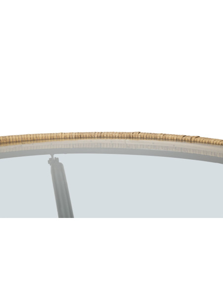 Table basse design chic bord de mer Ronde Verre Transparent Rotin Naturel Tressé Métal Noir Doré Saint Barth 80 cm 