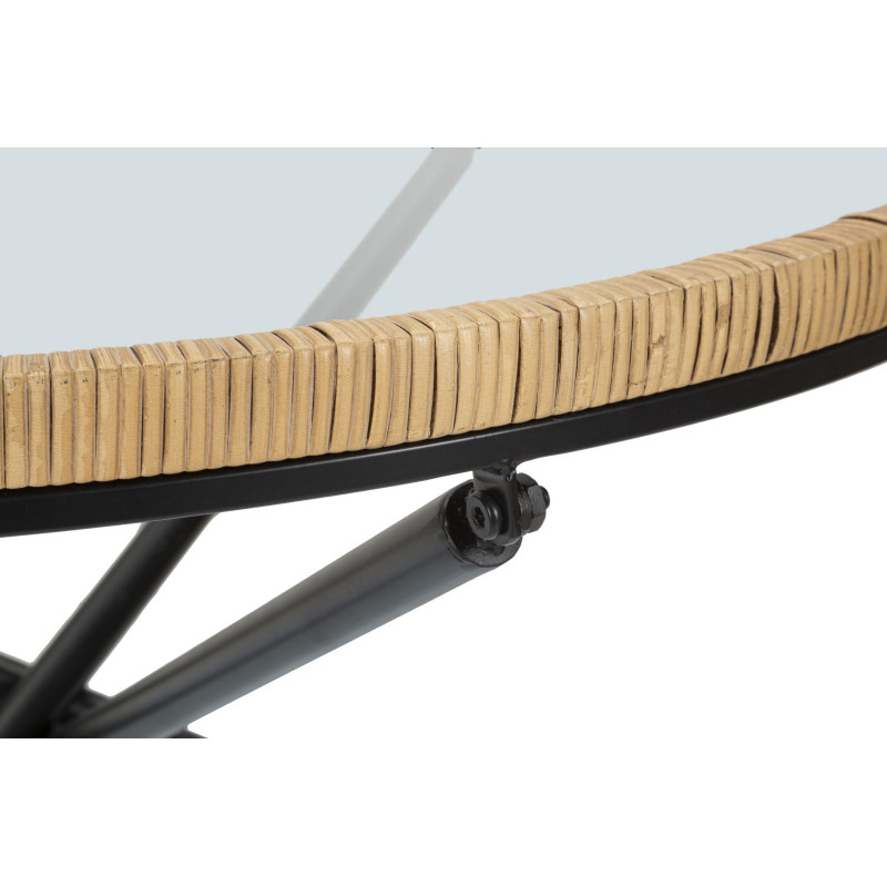 Table basse design chic bord de mer Ronde Verre Transparent Rotin Naturel Tressé Métal Noir Doré Saint Barth 80 cm 