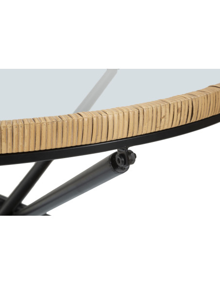 Table basse design chic bord de mer Ronde Verre Transparent Rotin Naturel Tressé Métal Noir Doré Saint Barth 80 cm 