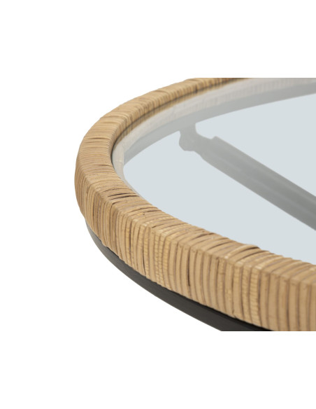 Table basse design chic bord de mer Ronde Verre Transparent Rotin Naturel Tressé Métal Noir Doré Saint Barth 80 cm 
