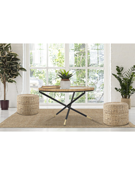 Table basse design chic bord de mer Ronde Verre Transparent Rotin Naturel Tressé Métal Noir Doré Saint Barth 80 cm 