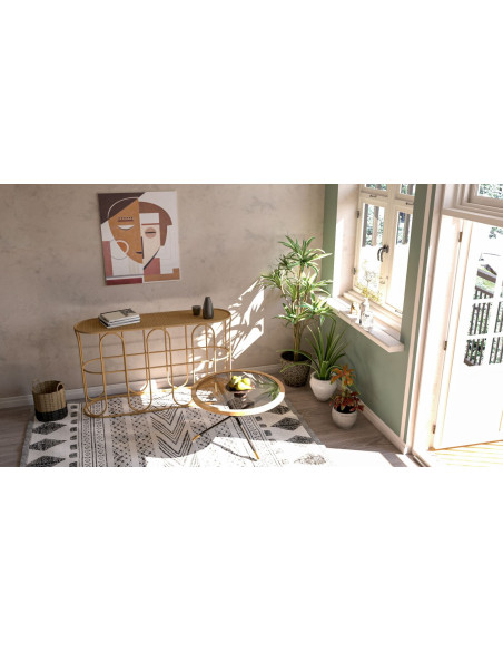 Table basse design chic bord de mer Ronde Verre Transparent Rotin Naturel Tressé Métal Noir Doré Saint Barth 80 cm 