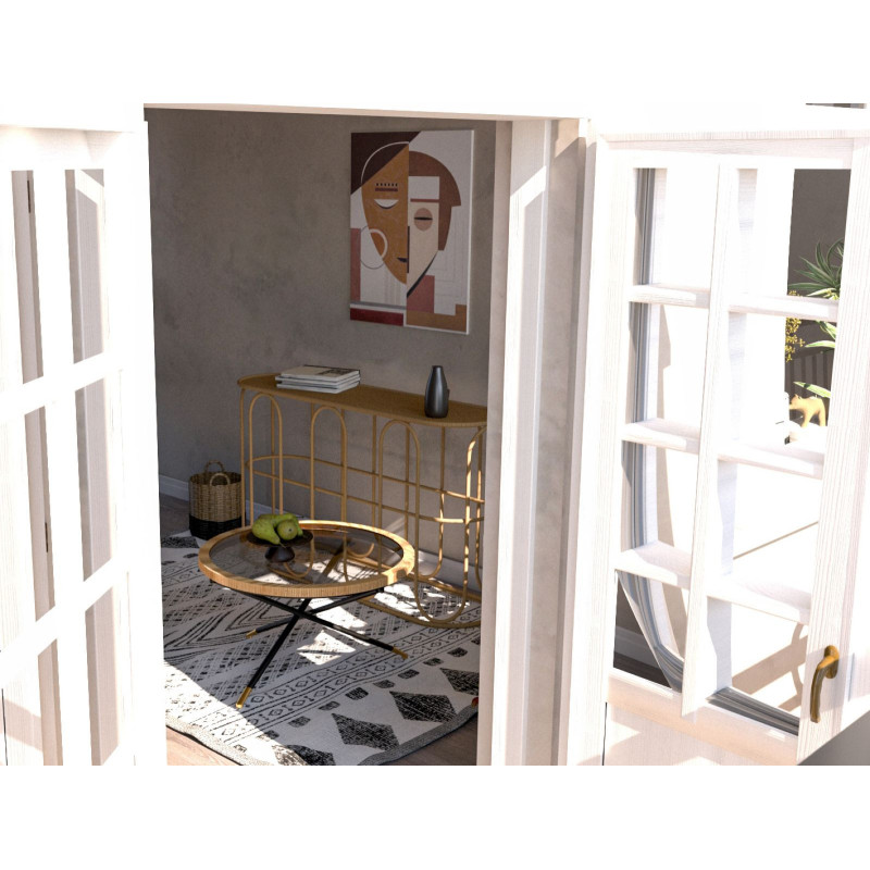 Table basse design chic bord de mer Ronde Verre Transparent Rotin Naturel Tressé Métal Noir Doré Saint Barth 80 cm 