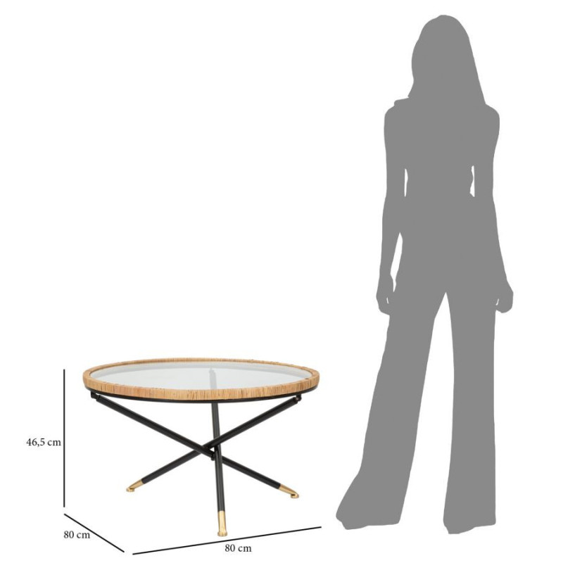 Table basse design chic bord de mer Ronde Verre Transparent Rotin Naturel Tressé Métal Noir Doré Saint Barth 80 cm 