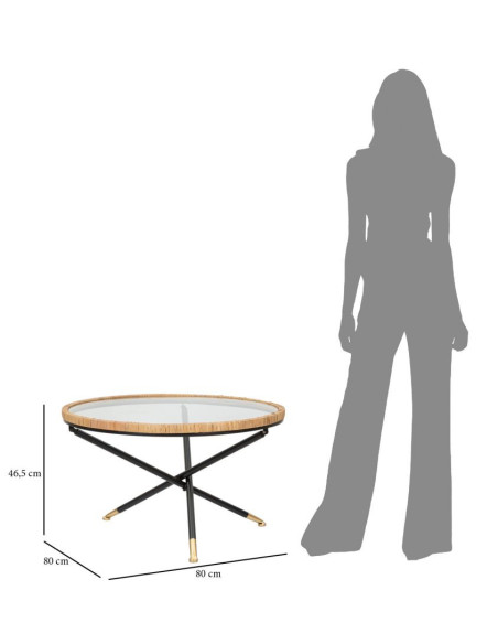 Table basse design chic bord de mer Ronde Verre Transparent Rotin Naturel Tressé Métal Noir Doré Saint Barth 80 cm 