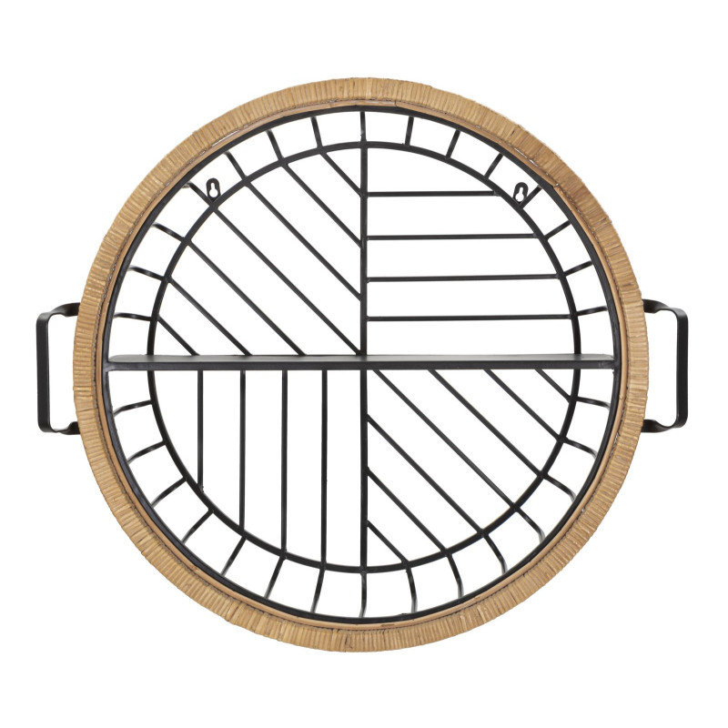 Étagère murale originale bohème chic Ronde 1 niveau Métal Noir Rotin Naturel Tressé Cebu 72 cm 