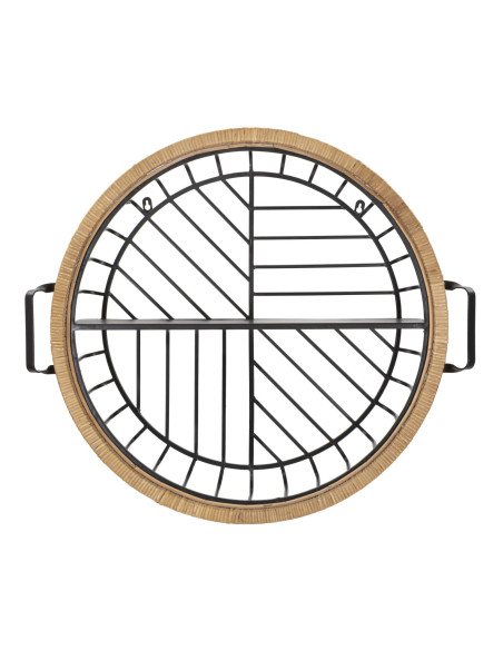 Étagère murale originale bohème chic Ronde 1 niveau Métal Noir Rotin Naturel Tressé Cebu 72 cm 