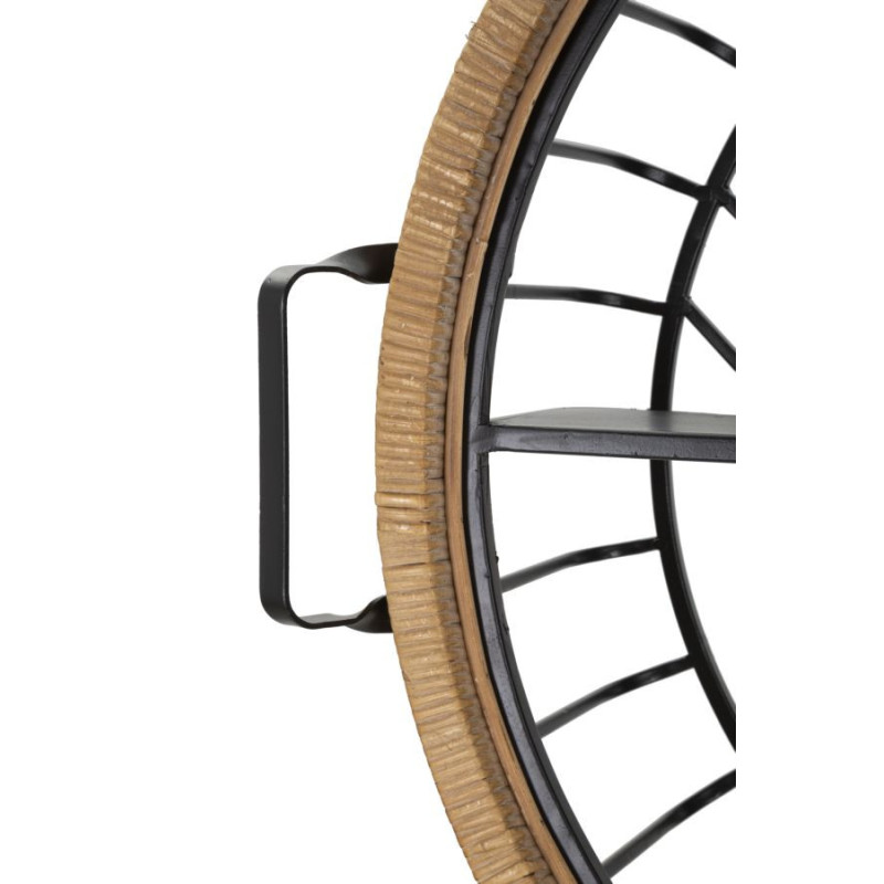 Étagère murale originale bohème chic Ronde 1 niveau Métal Noir Rotin Naturel Tressé Cebu 72 cm 